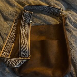 Brown Large Crossbody with Patterned Strap